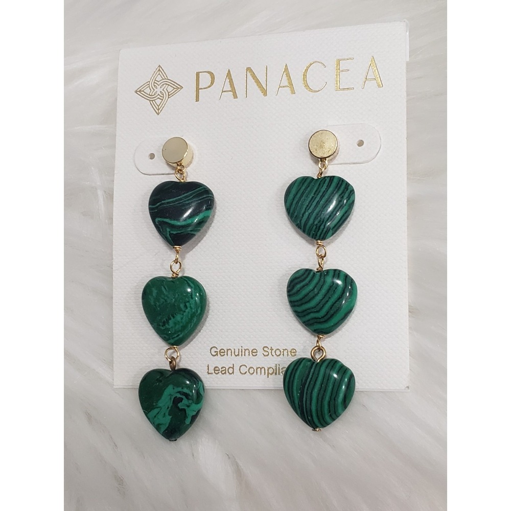 NEW Green MALACHITE Stone PANACEA dangle heart shaped earrings stone boho hippie